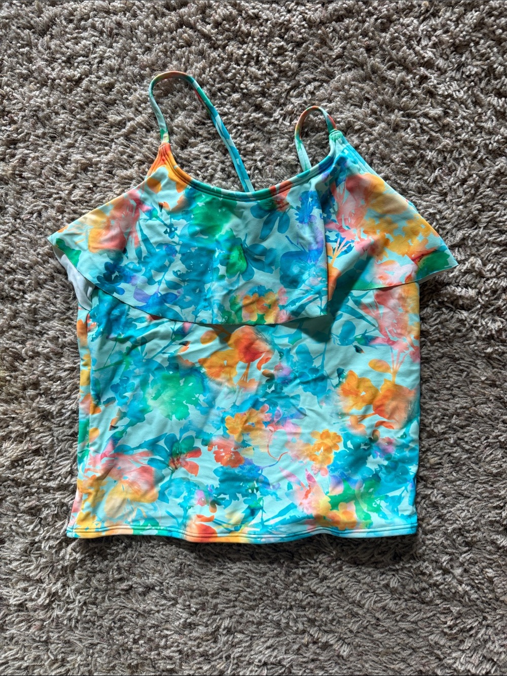Athleta Girl Teal Multi Floral Ruffle Swim Tankini Top. Size XXL (16). Like new